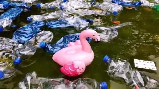 Környezetszennyezés Műanyag Palackok Vízben Felfújható Játékok Felfújható Rózsaszín Flamingók Között — Stock videók
