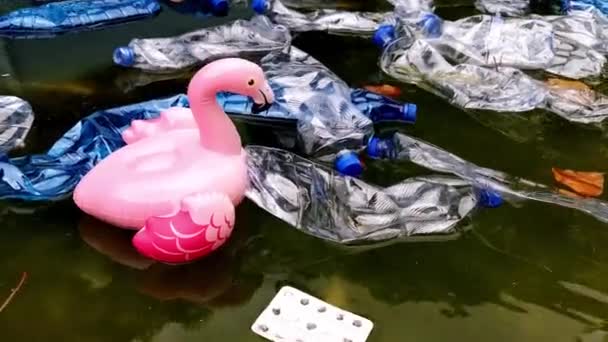 Забруднення Навколишнього Середовища Пластикові Пляшки Воді Надувні Іграшки Надувні Рожеві — стокове відео