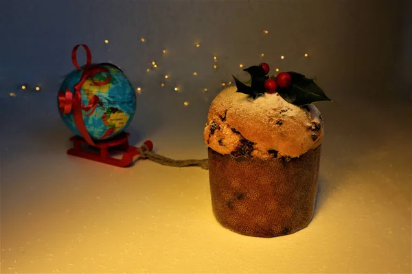 Cartão Natal Doce Natal Italiano Panettone Com Arbusto Holly Com — Fotografia de Stock
