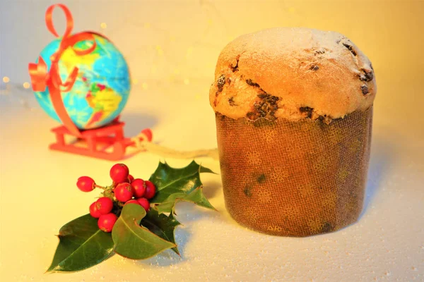 Christmas Greeting Card Italian Christmas Sweet Panettone Holly Bush Berries — Stock Photo, Image