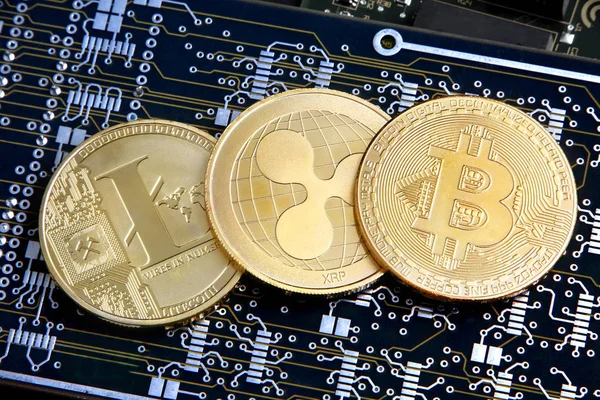 Litecoin Onda Bitcoin Monedas Oro Que Representan Cryptocurrenies — Foto de Stock