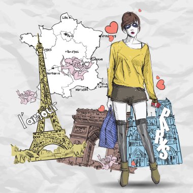 Bir sokak arka planda sevimli genç moda kız. Vektör illustrati