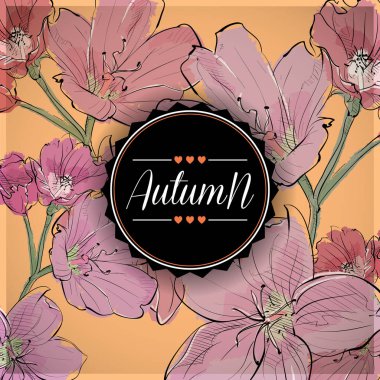 Pembe çiçeklerle çiçek sonbahar kartı. Vektör çizimi.