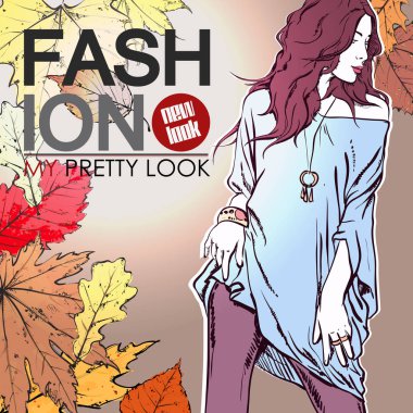 Şık kız ile Sonbahar moda posteri. Vektör çizimi.