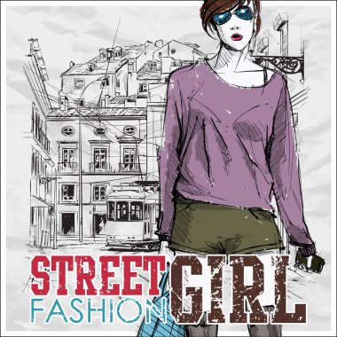 Bir sokak arka planda sevimli genç moda kız. Vektör illustrati
