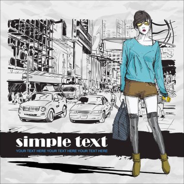 Bir sokak arka planda sevimli genç moda kız. Vektör illustrati