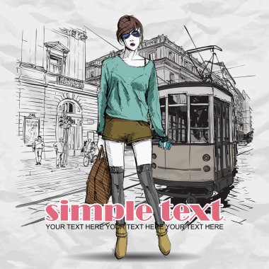 Bir sokak arka planda sevimli genç moda kız. Vektör illustrati