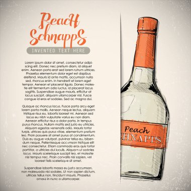 Metin ve şeftali schnapps şişe ile el çizilmiş afiş. Vektör çizimi.