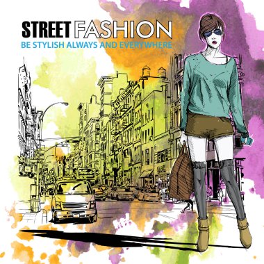 Bir sokak arka planda sevimli genç moda kız. Vektör illustrati