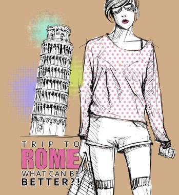 Bir sokak arka planda sevimli genç moda kız. Vektör illustrati