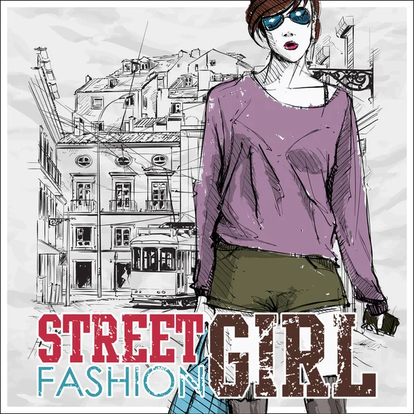 Linda chica de la moda joven en un fondo de la calle.Vector illustrati — Vector de stock