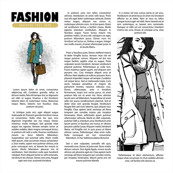 Cartaz com menina na moda em estilo esboço e texto. Colecção vetorial — Vetor de Stock
