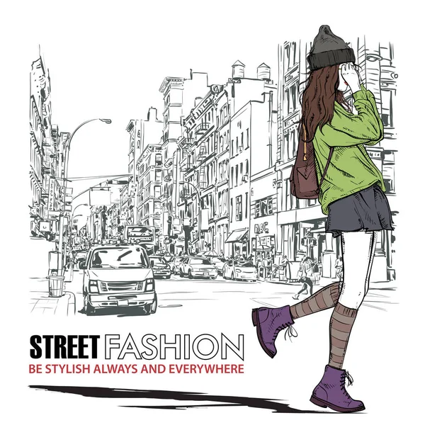 Cute young fashion girl on a street background. Hand drawn vecto — Stock Vector