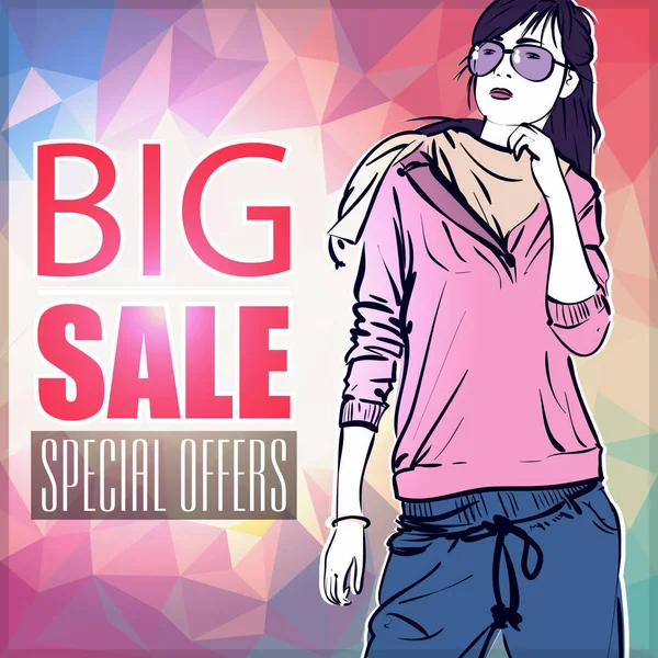 Big Sale Banner Trendy Girl Vector Illustration — Stock Vector