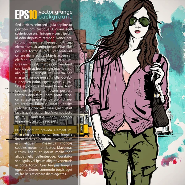 Hand drawn illustration of fashion girl in sketch style. Place f — Stock Vector