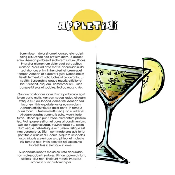 Hand Getekende Illustratie Van Appletini Cocktail Poster Schets Stijl Vector — Stockvector