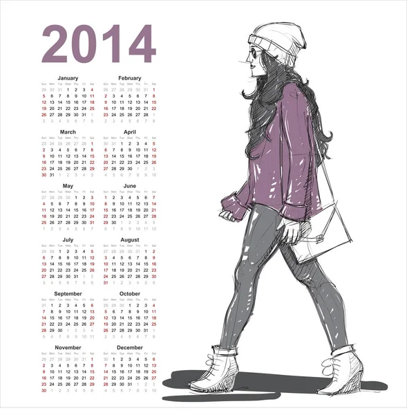 Calendário 2014 com menina da moda . — Vetor de Stock