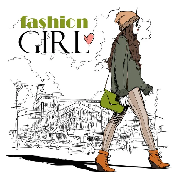 Cute Young Fashion Girl Street Background Hand Drawn Vector Illustration — Stock Vector
