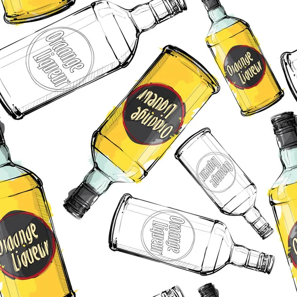 Patrón Dibujado Mano Con Botellas Licor Naranja Ilustración Vectorial — Vector de stock