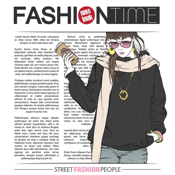 Bannière Avec Jeune Femme Mode Dans Style Croquis Texte Illustration — Image vectorielle