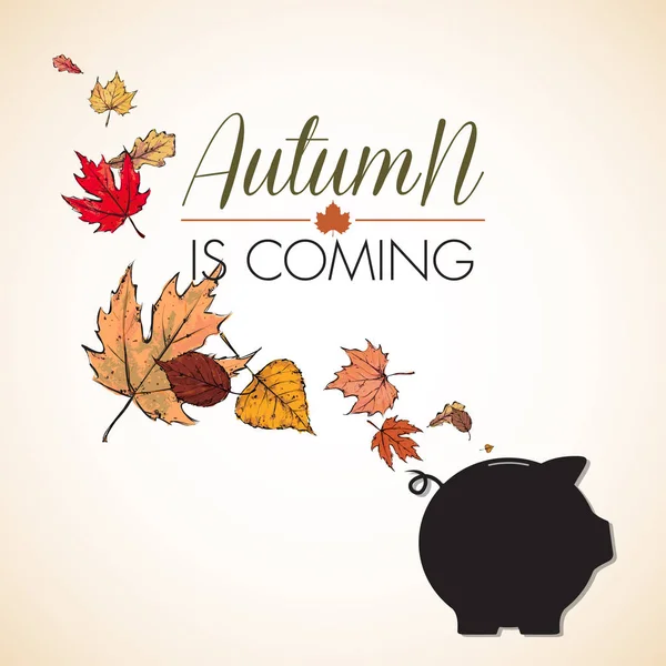 Otoño Viene Ilustración Vectorial Alcancía Hojas — Vector de stock