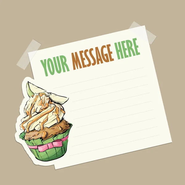 Tarjeta de mensaje con sabroso cupcake fijado con cinta adhesiva. Vector i — Archivo Imágenes Vectoriales