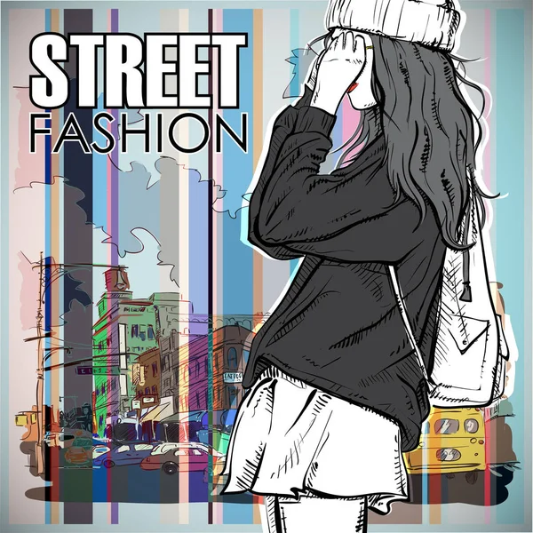 Roztomilá mladá módní dívka na pozadí ulice. Ručně nakreslený hvekk — Stockový vektor