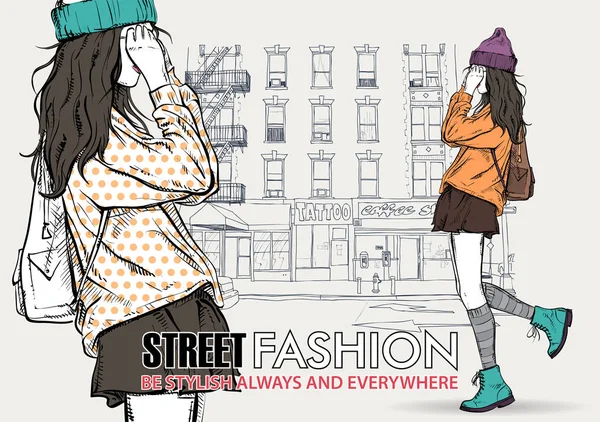 Bir sokak arka planda sevimli genç moda kız. Elle çizilmiş vekto — Stok Vektör