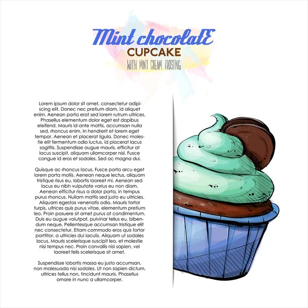 Ilustração Desenhada Mão Cupcake Chocolate Hortelã Cartaz Estilo Esboço Ilustração — Vetor de Stock
