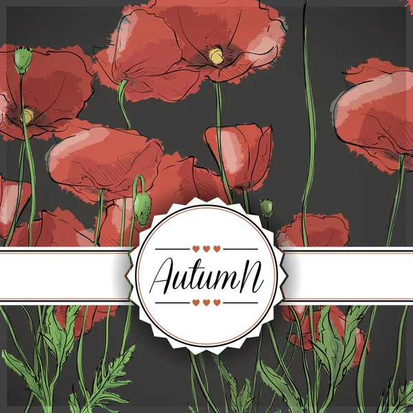 Floral Autumn Card Red Poppies Vector Illustration — Stock Vector