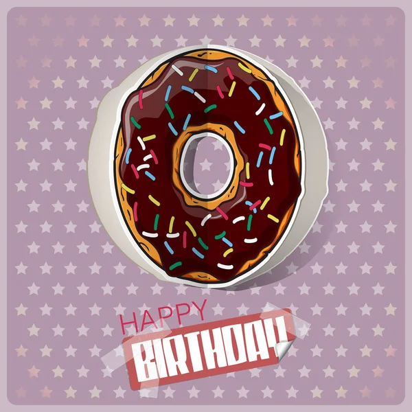 Födelsedag gratulationskort med tecknad donut klippa ut från papper. Ve — Stock vektor