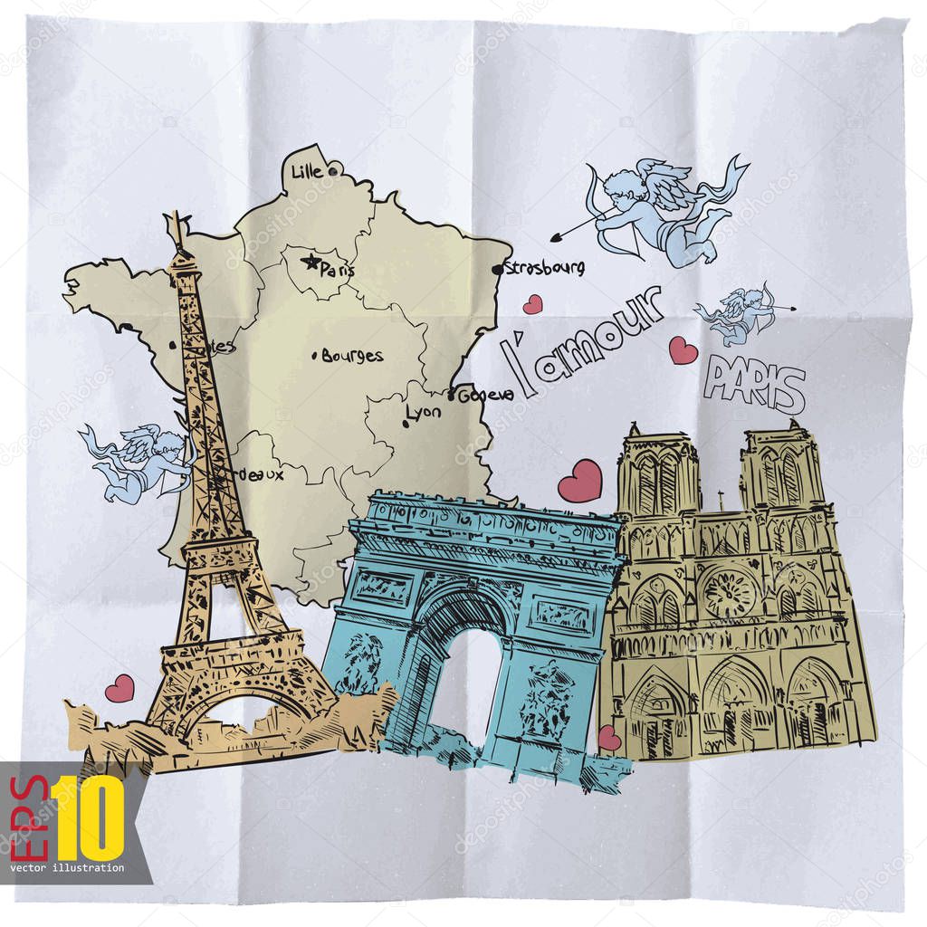 vector illustration with paris famous places, travel concept