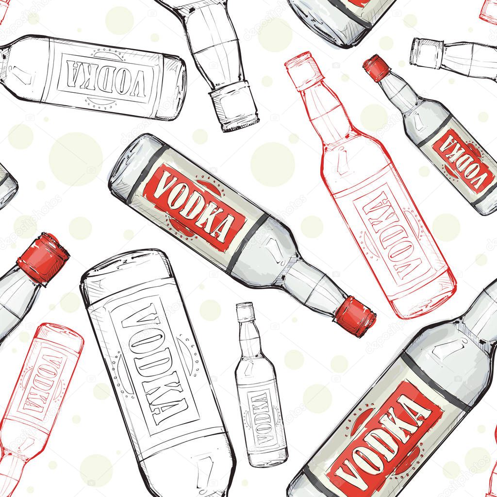 Hand drawn pattern with bottles of vodka. Vector illustration.