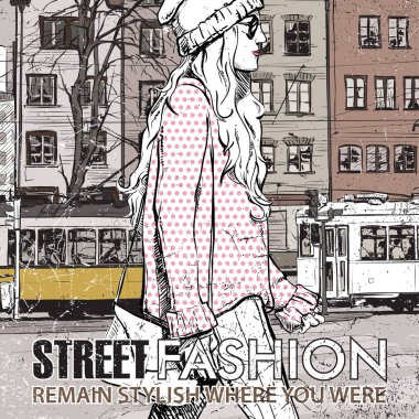 moda güzel kız ve eski tramvay vektör çizimi.