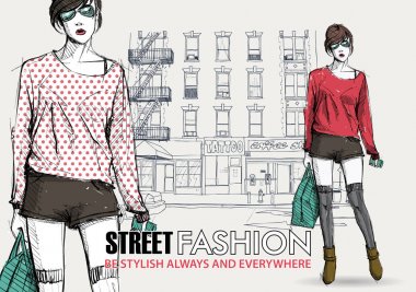Bir sokak arka planda sevimli genç moda kız. Vektör illustrati