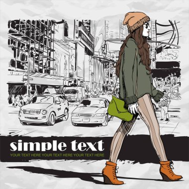 Bir sokak arka planda sevimli genç moda kız. Elle çizilmiş vekto