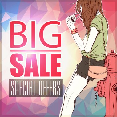 Modaya uygun genç kadın ile büyük satış afiş. Vektör çizimi.