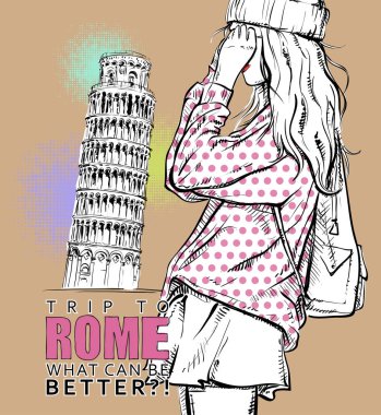 Bir italien arka plan üzerinde kroki tarzı güzel genç kız. Vecto