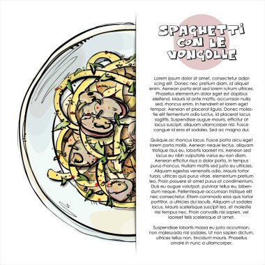 Lezzetli spagetti posteri. Çizim stili. Vektör çizimi 