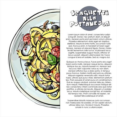 Lezzetli spagetti posteri. Çizim stili. Vektör çizimi 