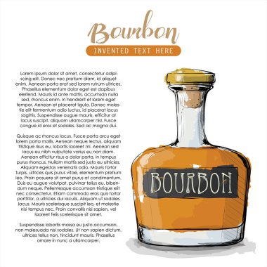 Bourbon şişesinin el çekimi. Vektör çizimi.