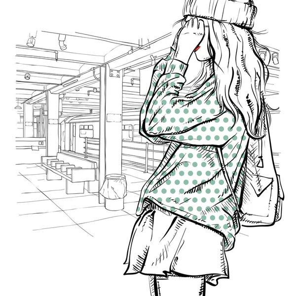 Mooi jong meisje in sketch-stijl op een metrostation. Vector Il — Stockvector