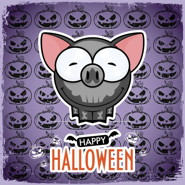 Halloween Greeting Card Cartoon Pig Vector Illustration — Stock Vector