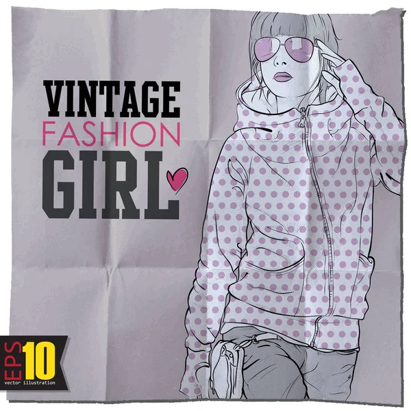Attraktive Mädchen Auf Grunge Hintergrund Vintage Mode Vektorillustration — Stockvektor