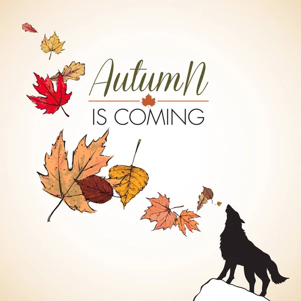 秋はオオカミと葉のベクトルイラストが来ています — ストックベクタ