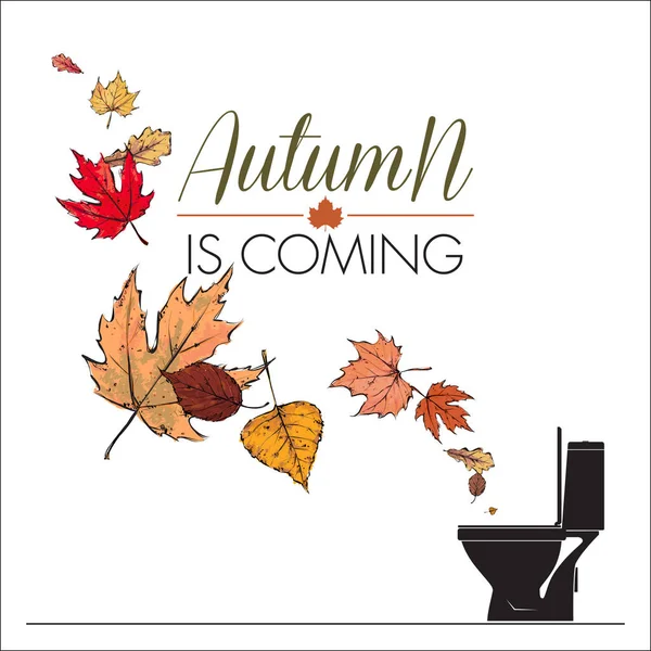 Herfst Coming Vector Illustratie Van Toilet Bowl Bladeren — Stockvector