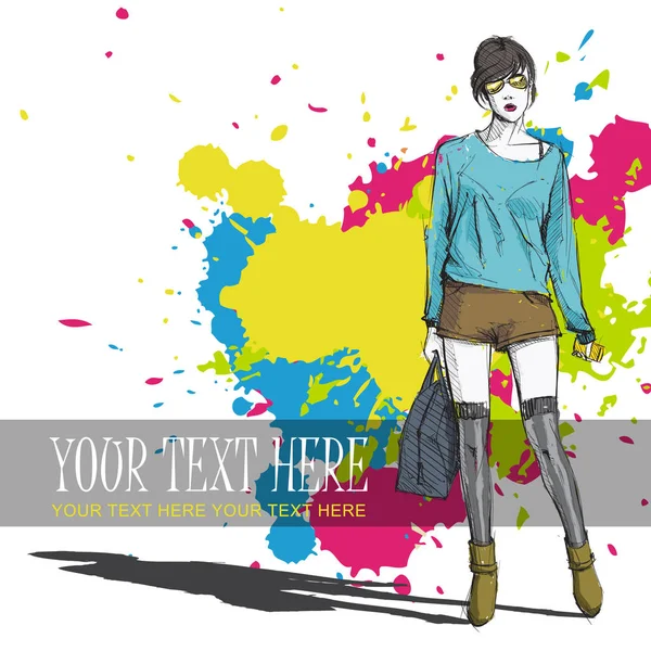 Linda chica de la moda joven en un fondo de la calle.Vector illustrati — Vector de stock