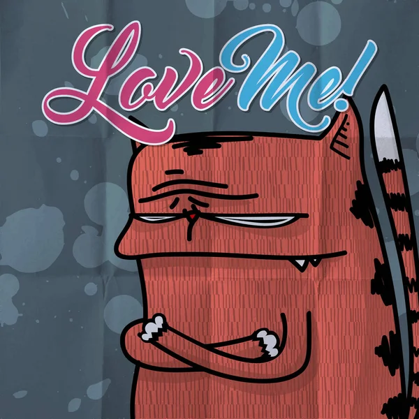 浪漫卡与有趣的猫卡通和爱我的题词 矢量插图 — 图库矢量图片