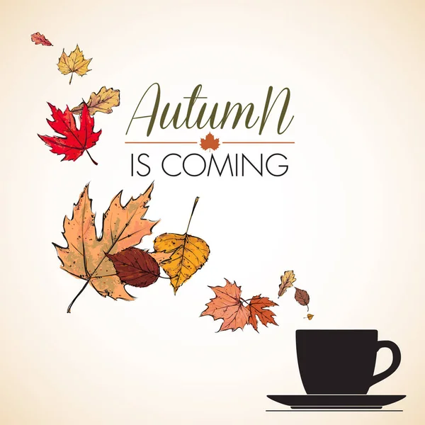 Приближается Осень Векторная Иллюстрация Чашки Чая Листьев — стоковый вектор