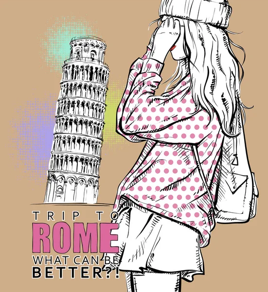 Bir italien arka plan üzerinde kroki tarzı güzel genç kız. Vecto